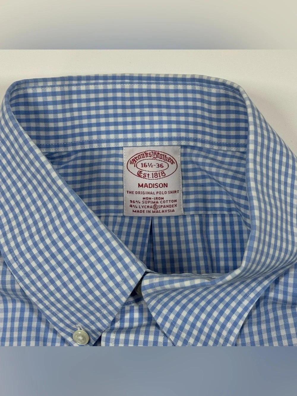 Brooks Brothers Shirt Mens 16.5/36 Madison Blue Gingham Non Iron Button Down